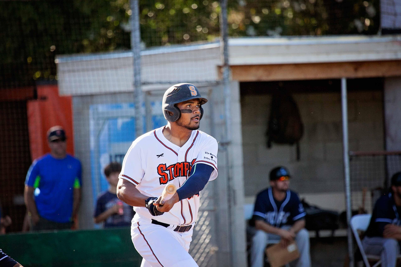 First baseman Daniel Baptista awaits a pitch during the Stompers’ first game of the season.